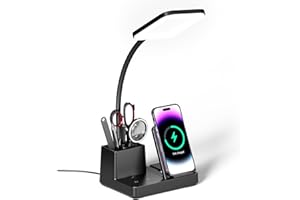 Vicsoon Desk Lamp with Wireless Charger USB Charging Port, Eye-Caring Desk Lamp for Home Office with Pen Holder, Dimmable Table Lamps 3 Color Modes