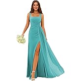 Stylefun Square Neck Bridesmaid Dresses Long with Slit Pleated A Line Chiffon Formal Evening Dress STN001