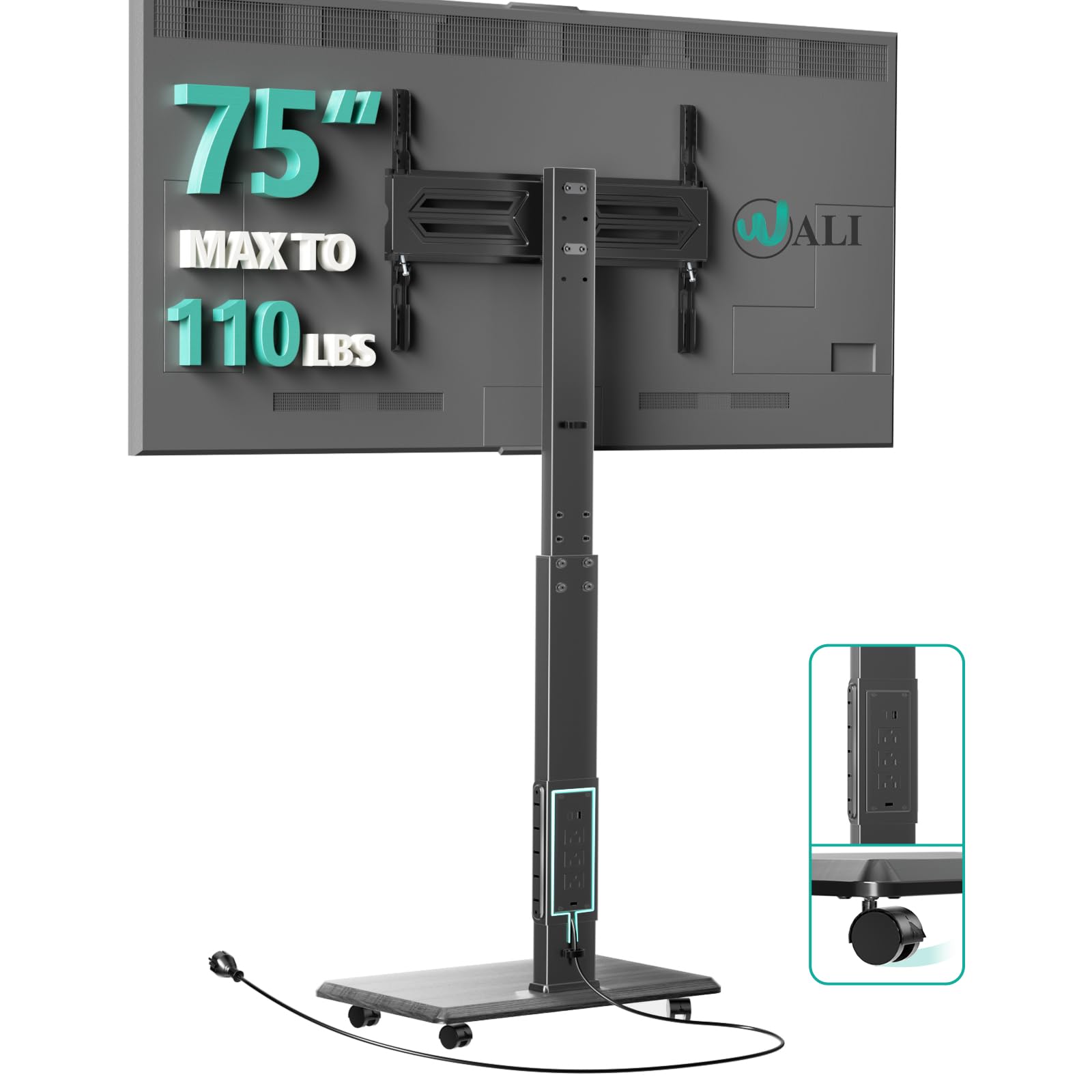 WALI Rolling TV Stand with Power Outlet, Mobile Tall TV Stand Mount on Wheels for 32-75 inch TV up to 110 lbs, Swivel Height Adjustable TV Cart with Wood Base for Bedroom(TVDVD-7PR), Black Image