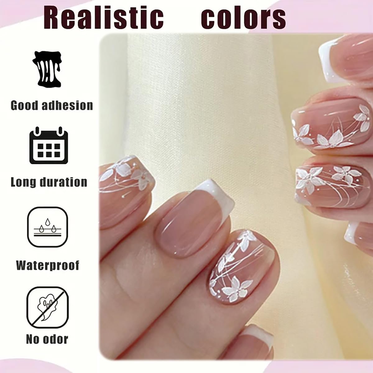 French Tip Press on Nails Short Square Flowers Fake Nails with Designs White French Tip Flowers Acrylic Nails Supply Glossy Artificial Nails Glue on Nails for Women Girls DIY Manicure 24 pcs - Image 4