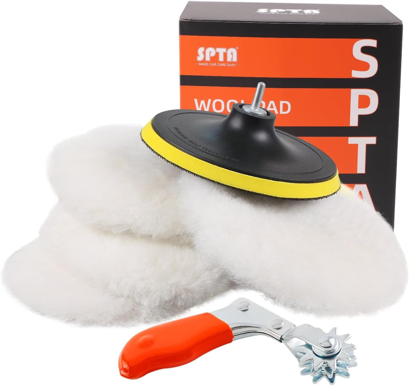 SPTA 6 Inch (150mm) Polisher/Buffer Soft Wool Bonnet Pad, 6 Pcs Kit with Hook & Loop M14 Thread Drill Adapter for Car Polisher Polishing and Buffing by SPTA