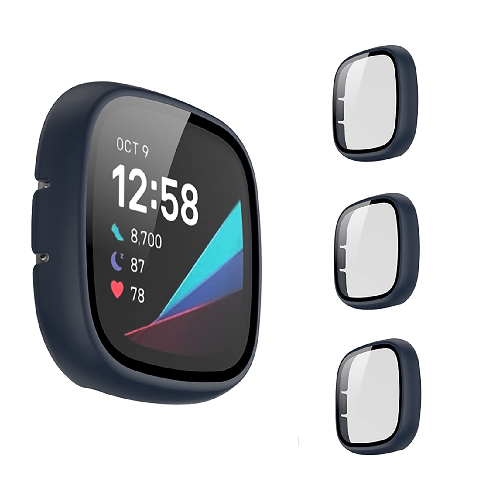 3 Pack Screen Protector Case Compatible for Fitbit Versa 3/Sense, PC+Tempered Film Full Coverage Screen Protective Hard Case Bumper Cover for Women Men(Dark Blue)