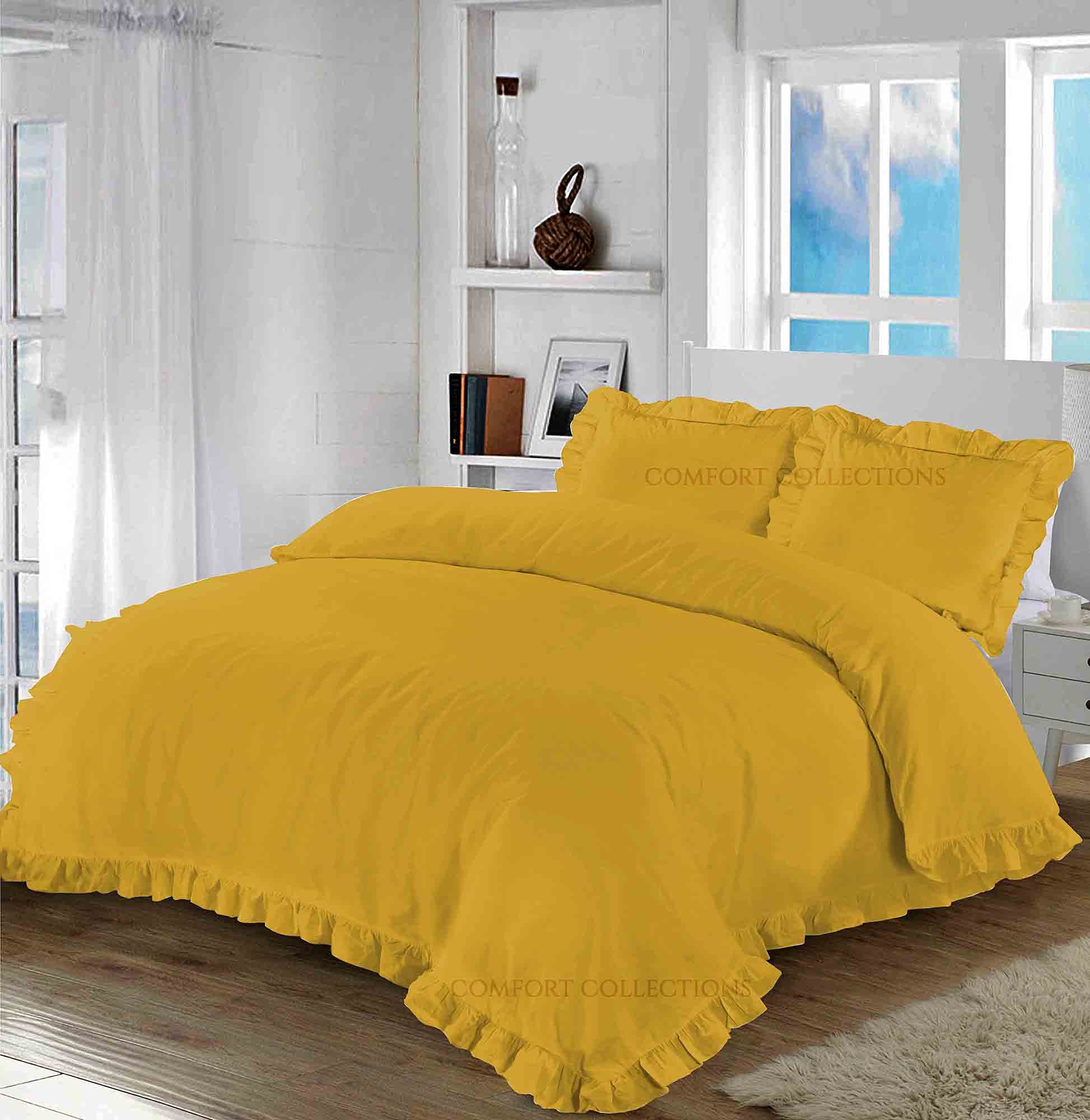 Comfort Collections Santiago Ruffle Frill Edge Design Plain Duvet Cover and Pillow Cases Bedding Set Mustard King 230cm x 220cm Approximate