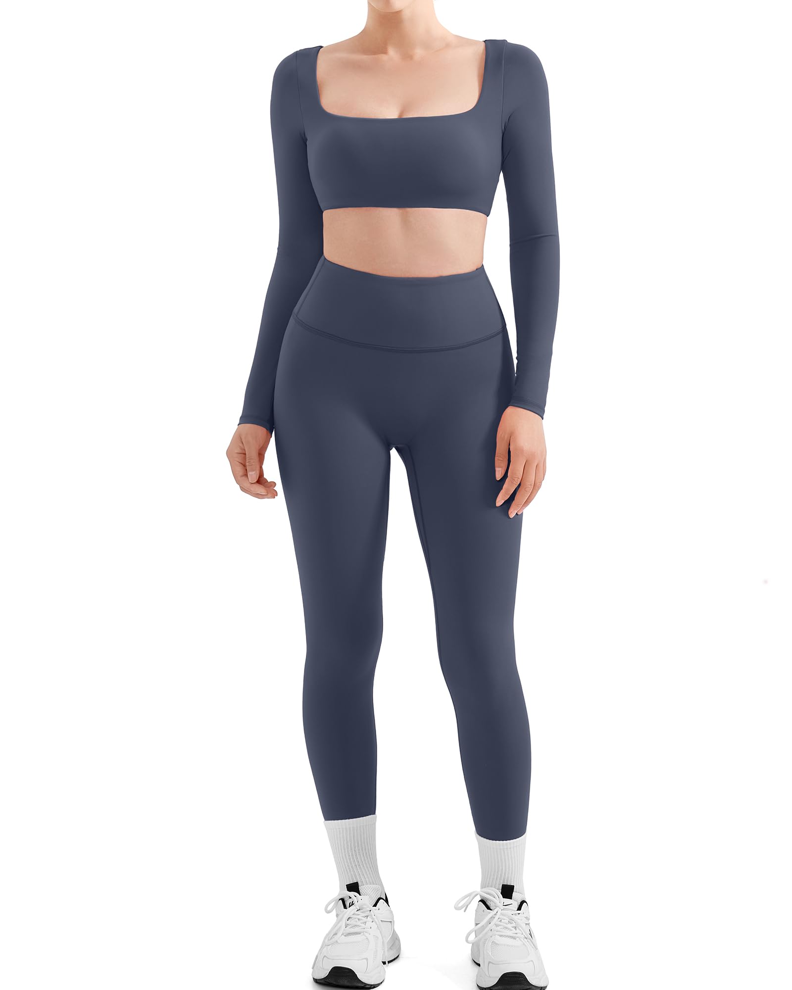 Photo 1 of SUUKSESS Women 2 Piece Workout Sets Compression Tummy Control Leggings with Pockets Long Sleeve Square Neck Padded Crop Tops Sports Bra Scrunch Booty Lifting Yoga Pants (Navy Blue, S)