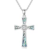 LEECCI Cross Mountains Necklace 925 Sterling Silver Turquoise/Lapis Lazuli/Abalone/Moonstone Gravel Sunset Pendant Nature Jewelry Faith Christian Gift for Men Women