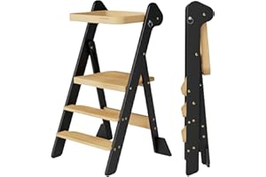 COSYLAND Foldi Foldable Toddler Kitchen Stool Helper - Adjustable Height Toddler Standing Tower with Net & Safety Feet, IF Award-Winning Wooden Learning Step Tower for Kids 18M-6Y, Black & Natural