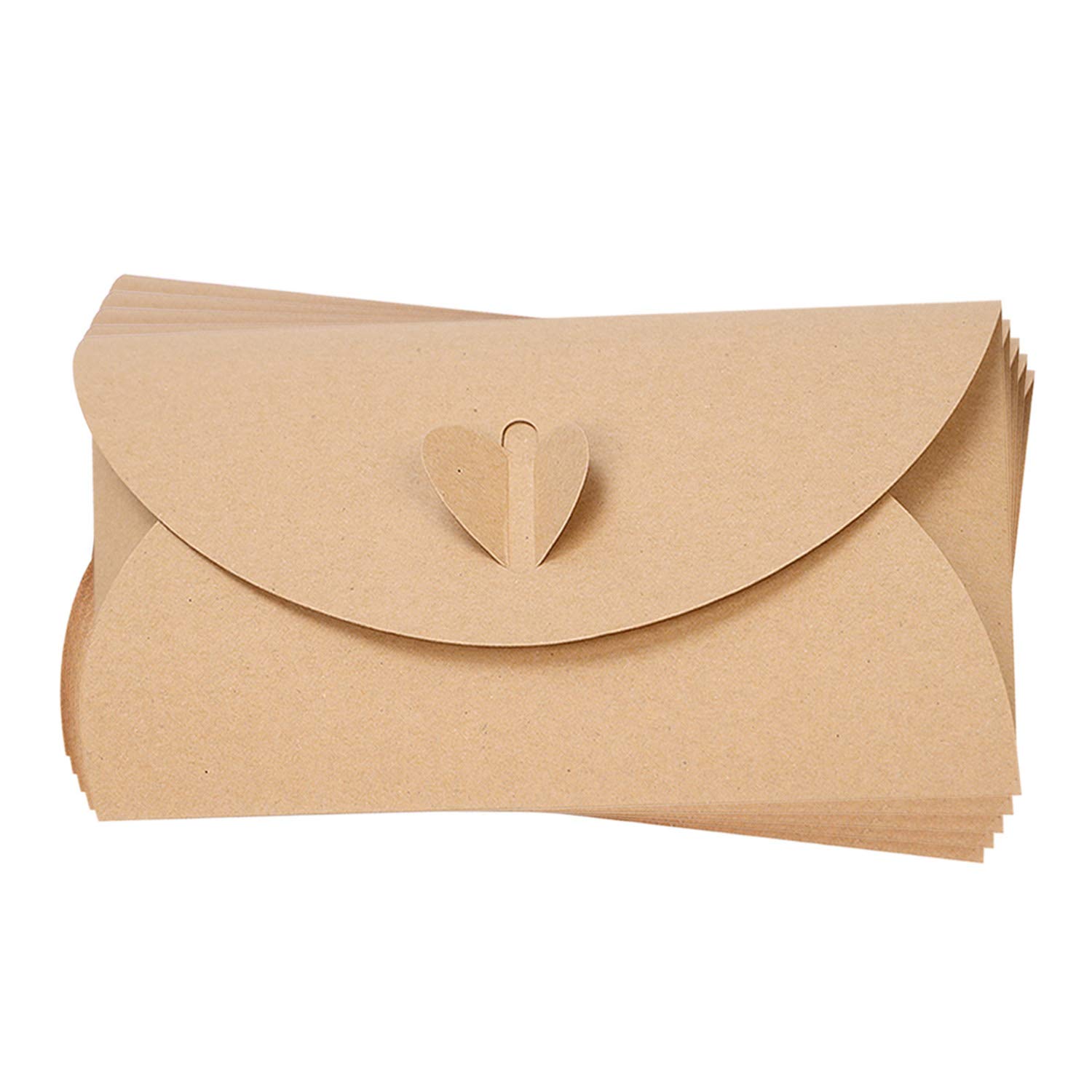 20 Pack Brown Kraft Paper Envelopes - Vintage Gift Card & Wedding Invitation Envelopes with Heart Paper Clasp for Handmade Invitations, Letters, Cards