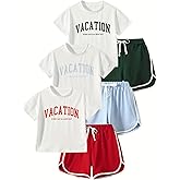 Jolyshlid Girls 6 Pieces Summer Outfits Casual Short Sleeve Tee Tops and Dolphin Shorts Set 4-12Y