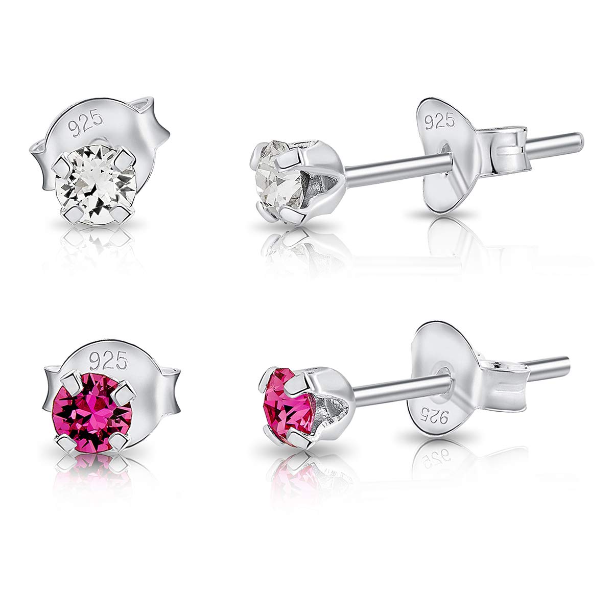 DTPSilver - Set of 2 PAIRS of 925 Sterling Silver Round TINY Stud Earrings made with Glittering Crystals from Swarovski® Elements - Diameter: 3 mm - Colour : Rose
