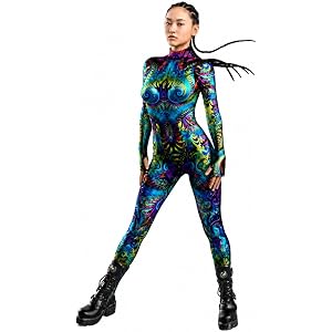 Womens Full Body Psychedelic Print Jumpsuit Colorful High Neck Long Sleeve Stretch Bodysuit for Festival Rave Clubwear
