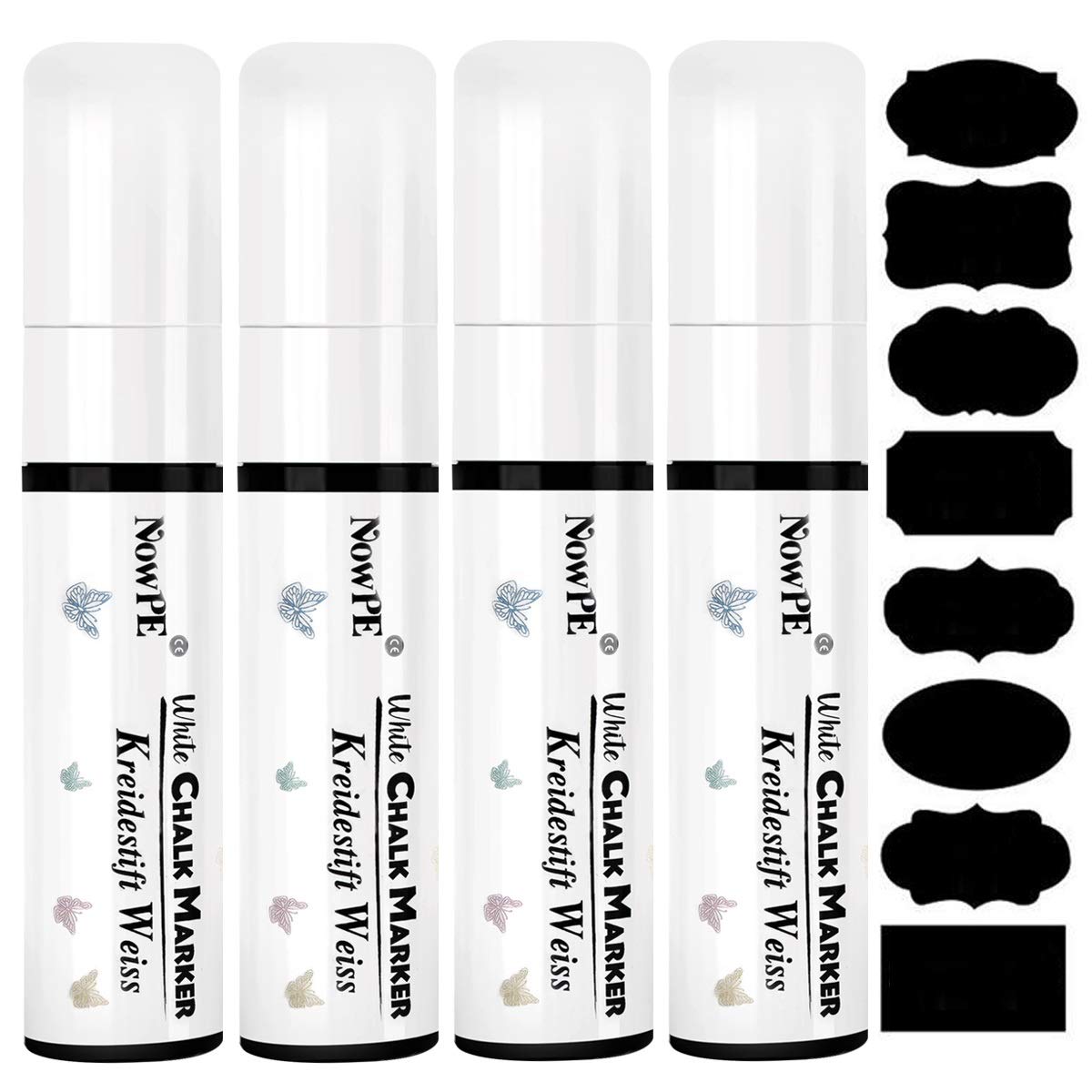 NowPE White Chalk Marker Pens, 15mm Chalk Pen, Dry or Wet Wipe Erase, Thick Tip Markers for Window, Glass, Mirror, Chalkboard, Blackboard & All Non-porous Surfaces, 4 Chalks with 16 Chalkboard Labels
