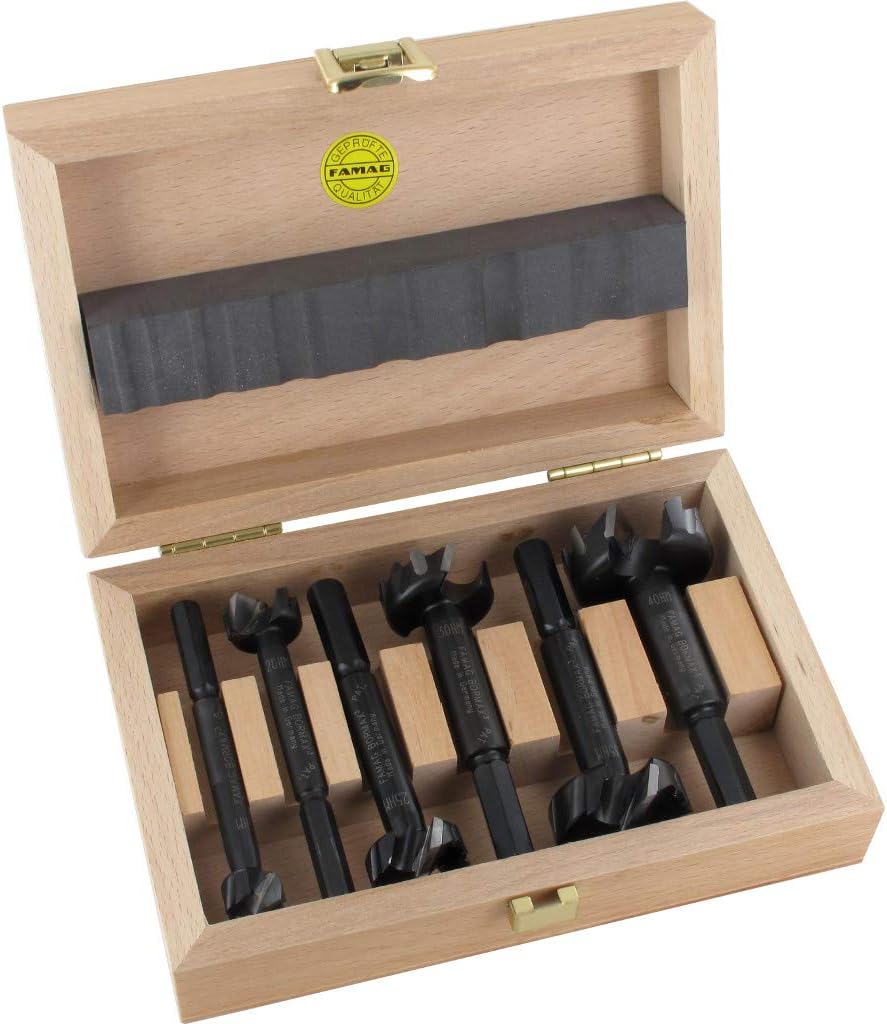 FAMAG Bormax Carbide Forstner Drill Bit Set Diameter 15.20 25.30 35.40 mm in Wooden Box 6 Pieces, Metall