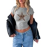 POHADON Women Leopard Star Print T Shirts Short Sleeve Crewneck Casual Slim Fit Crop Tops Y2K Clothes 2026 Summer Trendy Tee