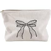 KuuGuu White Bow Makeup Bag Soft Corduroy Zipper Cosmetic Bag Large Capacity Travel Toiletry Organizer Pouches Black White Bowknot Brushes Storage Pouches Fashion Purse Accessories for Women Girls