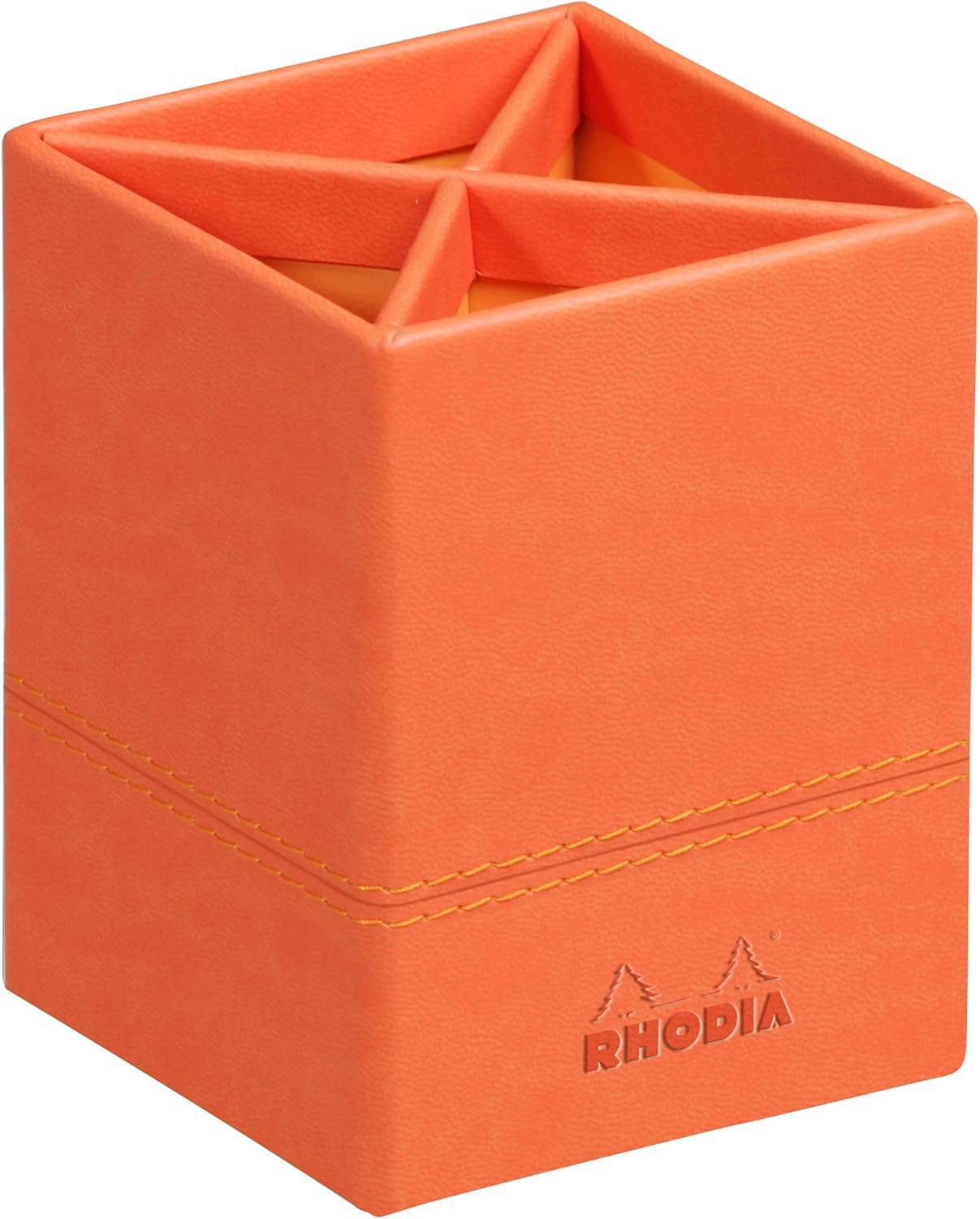 RHODIA 318914C - Tangerine Pencil Pot - 8x8x11 cm - Orange Saddle Stitching - Faux Leather Exterior - Rhodiarama Home Office Collection - Office Organization & Designer Storage