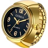 JewelryWe Unisex Finger Ring Watch: Retro Gold Stretchy Elastic Band Men Ladies Round Black Dial Quartz Analogue Lightweight Novelty Watches for Daily Office for Father's Day