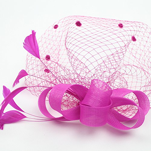 Yishik Women\'s Bowknot Feather Cocktail Party Veil Fascinator Hair Clip Hat (Rose Red)