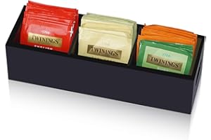 Krismax Wooden Tea Box Holder with 3 Slots, Divided Storage Container for Beverage Supplies, Sugar, Sweeteners, Individual Packets (Black)