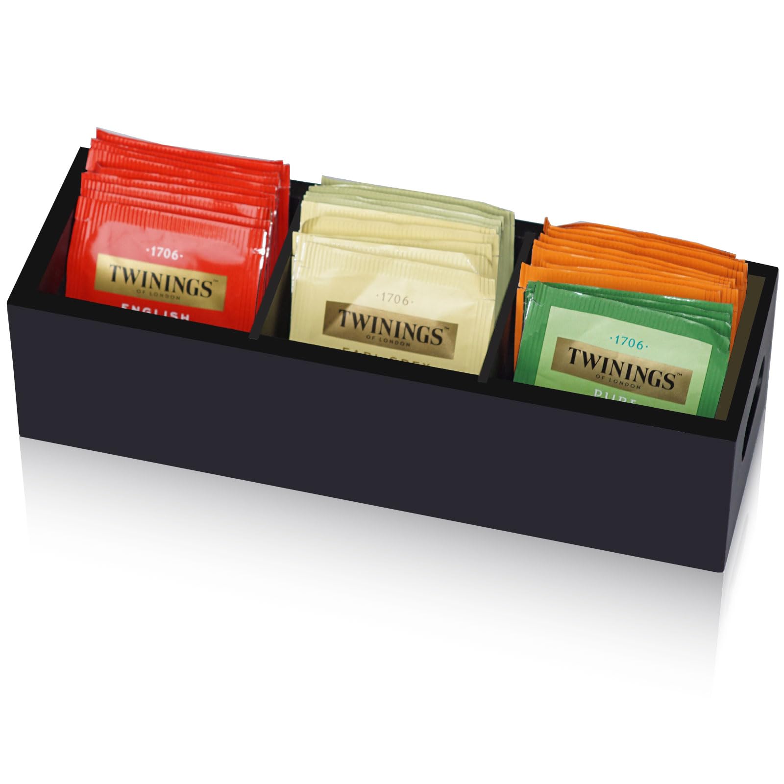 Photo 1 of ***MAJOR DAMAGE*** Krismax Wooden Tea Box Holder with 3 Slots, Divided Storage Container for Beverage Supplies, Sugar, Sweeteners, Individual Packets (Black)