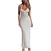 Milumia Women's Hollow Out Tie Backless Halter Beach Dress Sexy Deep V Neck Knitted Maxi Dresses
