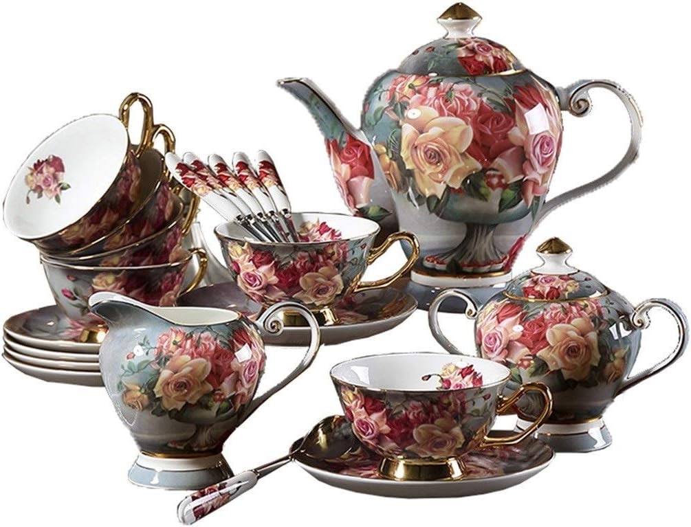 Tea sets Home Classic Rose Bone China European Coffee Set English Rural Afternoon Tea Cup Coffee Cup Saucer Set (Color : Multi-Colored, Size : 15107.2cm)