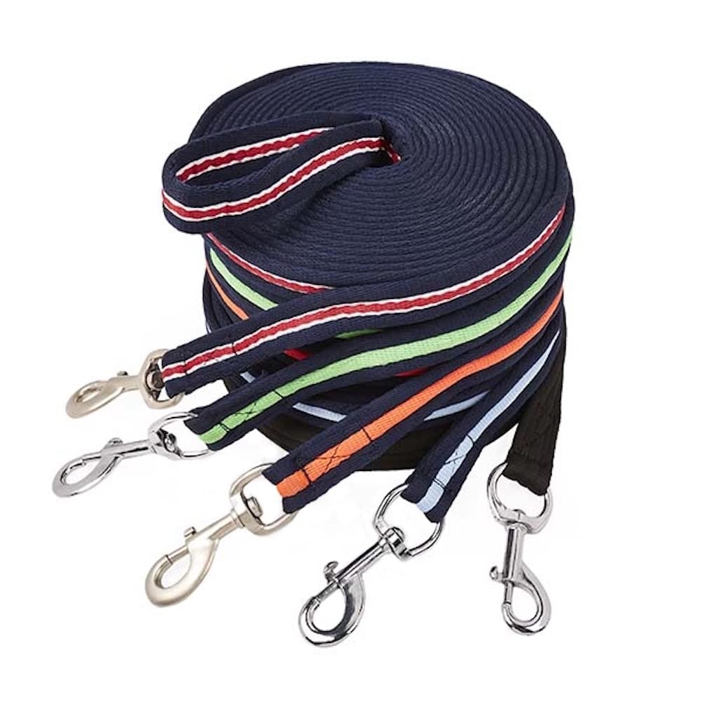 Elico Soft Feel Webbing Lunge Rein - Navy with Red and White Stripe. 8 Metres Length