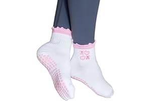 Puedizux Women Cute Pilates Socks Grip Crew Yoga Socks Ruffle Cuff Embroidery Pattern Workout Ballet Socks