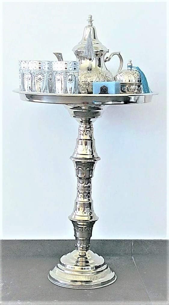 Complete Moroccan Tea Set on a Moroccan Silver Table + Moroccan teapot, 6 Moroccan Glasses, a Silver Moroccan Sugar or bonbon jar, and a Moroccan Tea Light Holder.