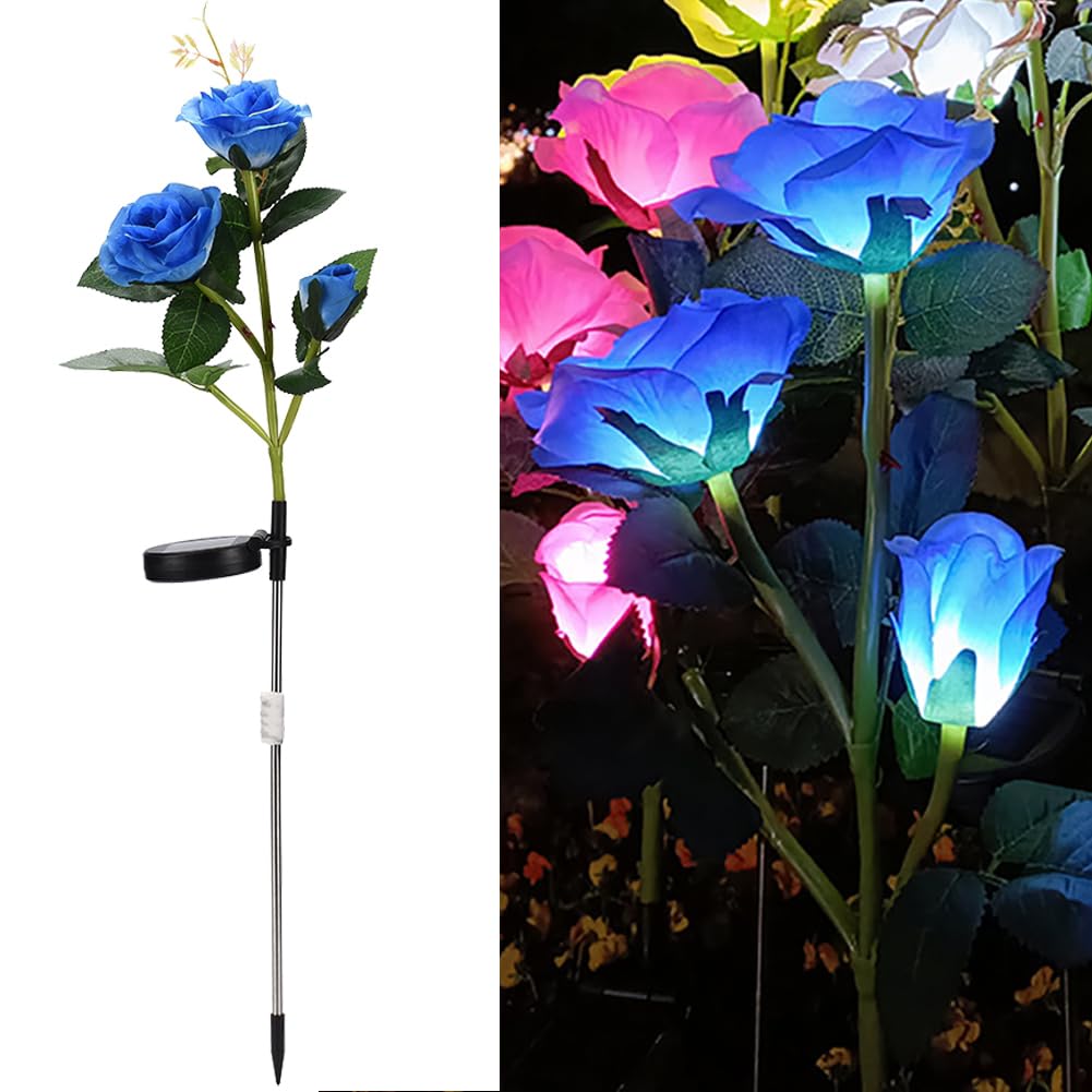 XhuangTech Solar Roses Flowers Lights Outdoor Garden Ornaments, IP55 Waterproof 3 Heads Rose Lights Flower Solar Stake Lights Outdoor Decor for Yard Lawn Patio Porch Fence Flowerbed Pathway (Blue)