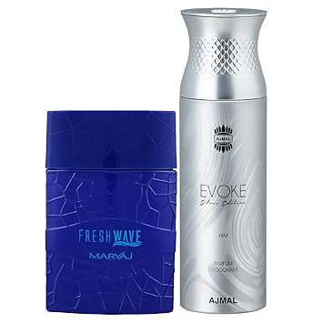 Maryaj Fresh Wave Eau De Parfum Citrus Woody Perfume 100ml for Men and Ajmal Evoke Silver Edition Him Deodorant Spicy Floral Fragrance 200ml for Men + 2 Parfum Testers FREE