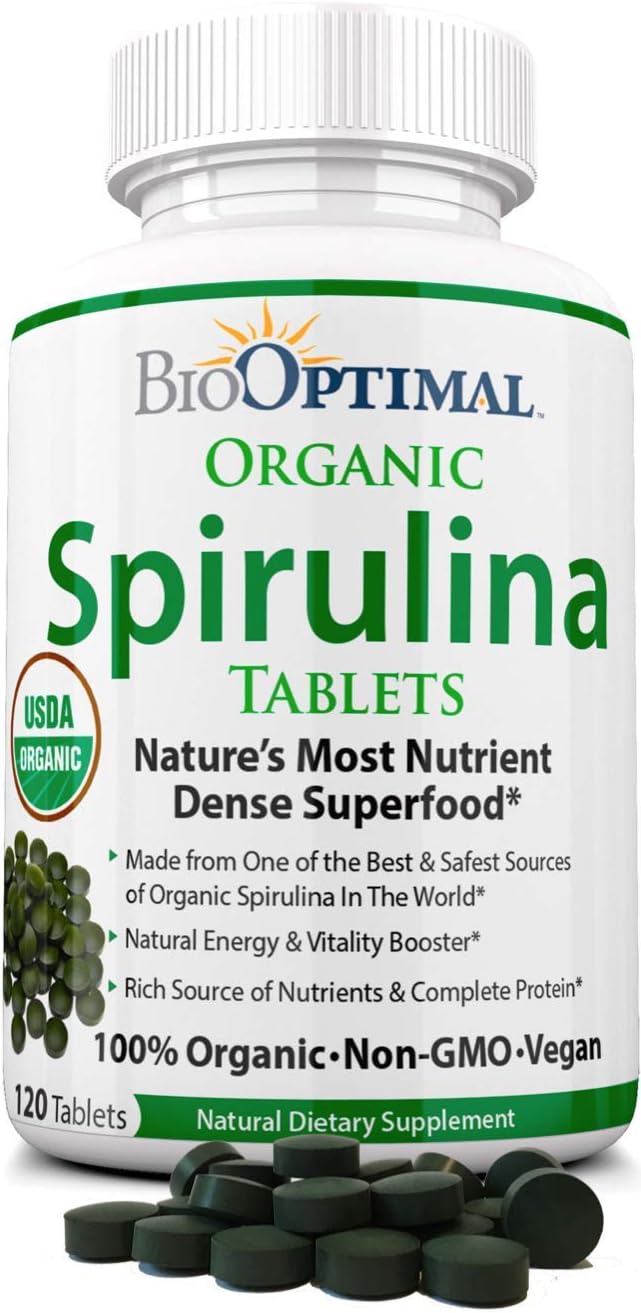 Organic Spirulina Tablets, 100% USDA Organic, Premium Quality 4 Organic Certifications, Non-GMO, No Additives Capsules or Fillers, 120 Count 1 Month Supply: Health & Personal Care