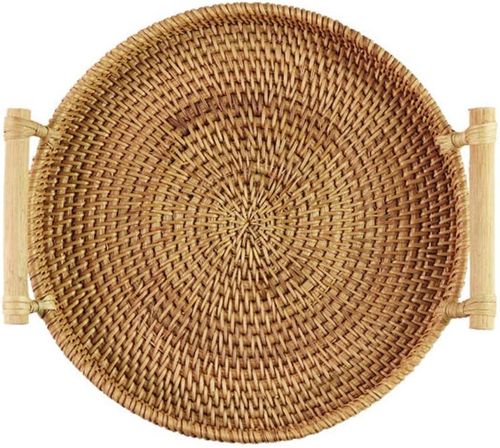 Anqeeso Hand Woven Round Rattan Serving Tray with Handles Bread Cake Pastries Basket