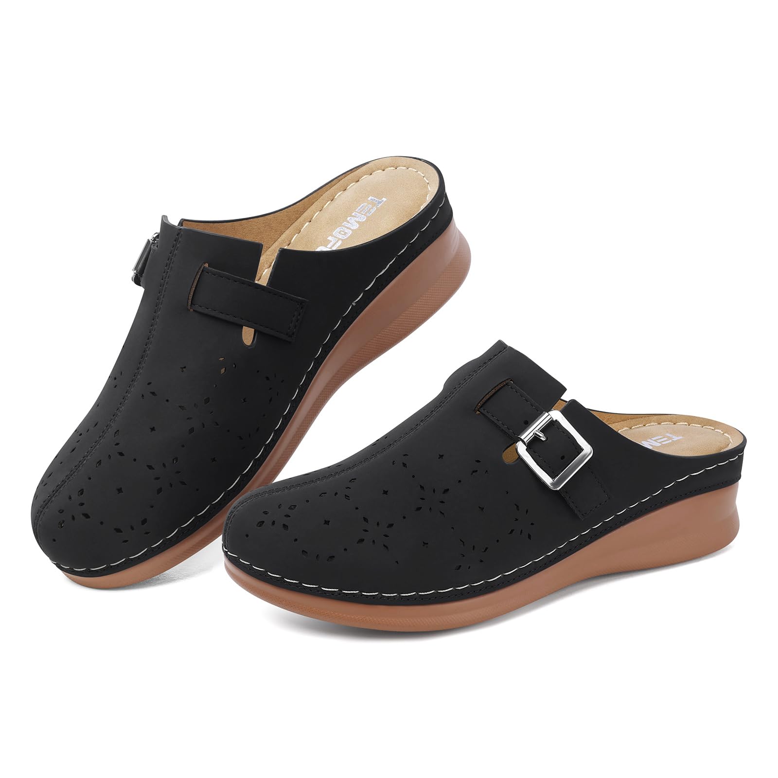 Photo 1 of TEMOFON Clogs for Women Slip on Shoes: Comfortable Dressy Mules - Closed Toe Sandals Woman Black Size 8 - Wedge Low Heel Platform Clogs