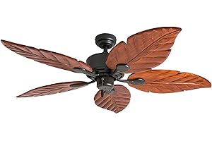 Honeywell Ceiling Fans Willow View, 52 Inch Tropical Indoor Ceiling Fan with No Light, Pull Chain, Three Mounting Options, Hand Carved Wooden Leaf Blades - 50501-01 (Bronze)