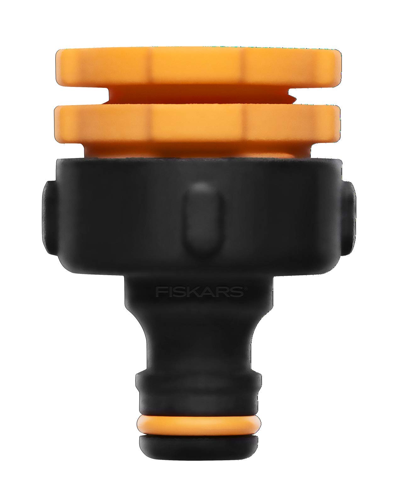 Fiskars tap connector Multi, internal thread for various tap sizes, For three thread sizes Ø 21 mm (1/2"), Ø 26.5 mm (3/4") and Ø 33.3 mm (1"), 17 g, black/orange, 1027051