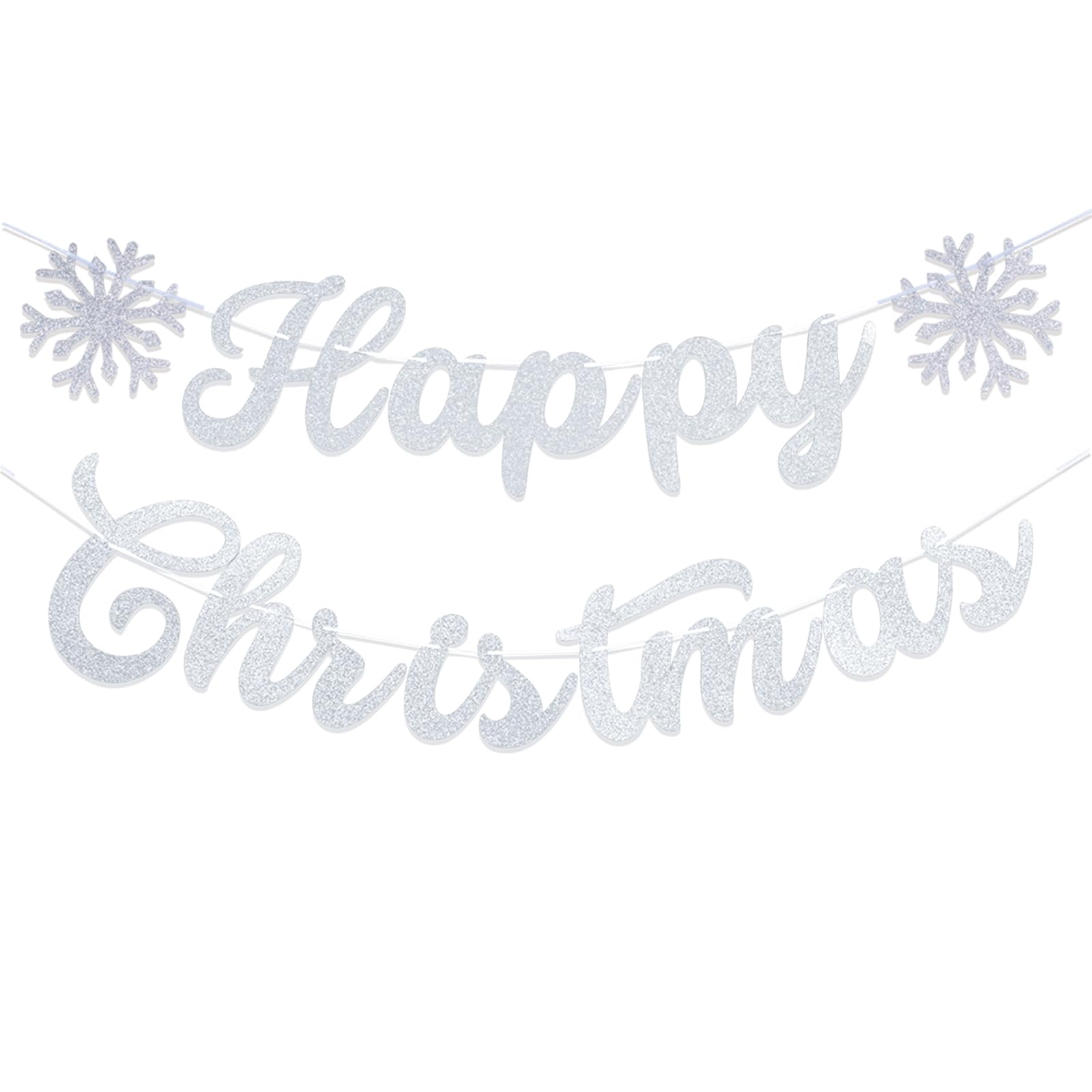 Gidobo Happy Christmas Banner, Silver Glittery Merry Christmas Banner Bunting with Snowflakes for Winter Chrsitmas Eve Party Holiday Wonderland Window Ceiling Home Decorations