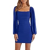 Wenrine Women's Mesh Long Sleeve Square Neck Ruched Party Club Cocktail Bodycon Mini Dress
