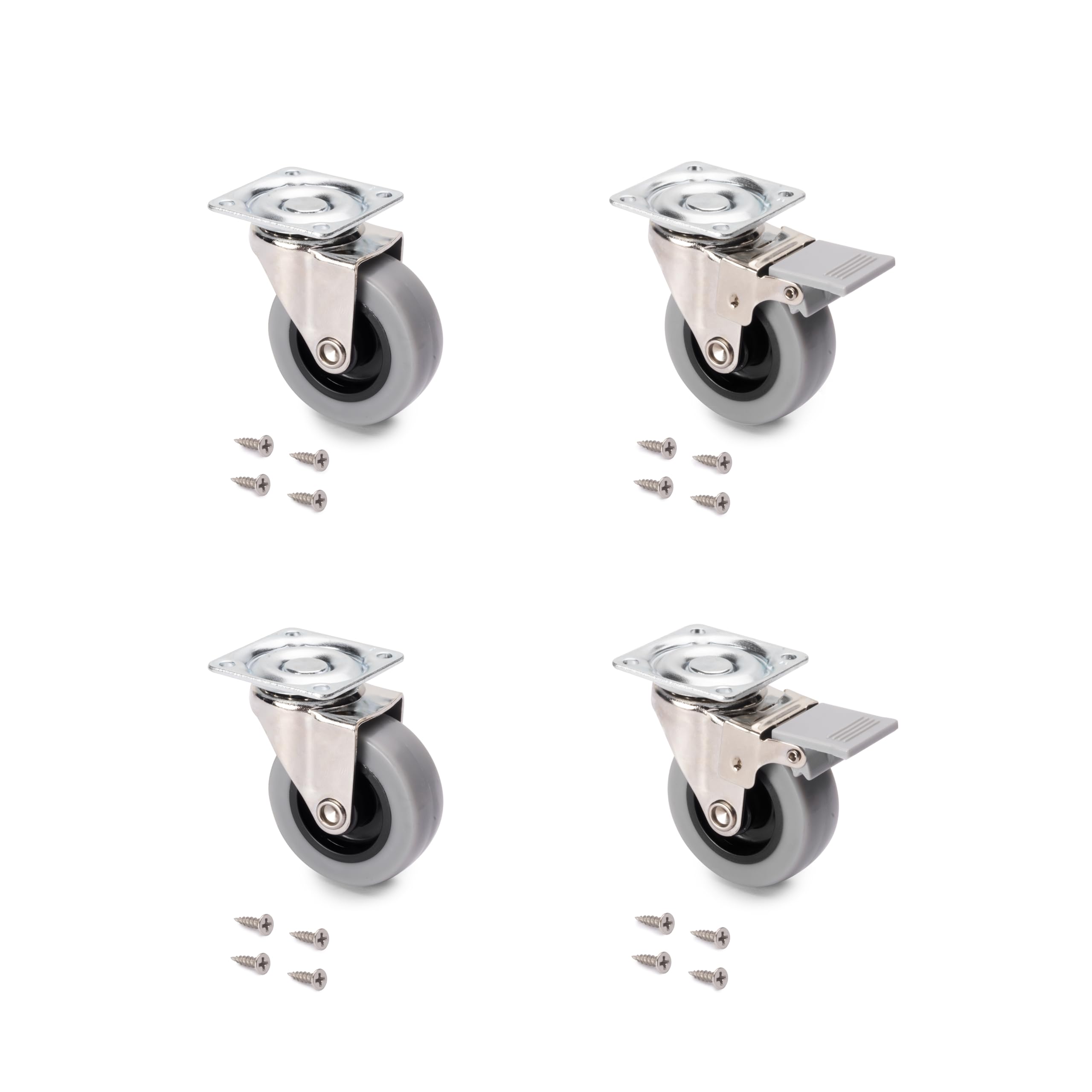 Emuca - Pack of 4 grey swivel castors for furniture (2 with brake and 2 without brake) 50mm (1,96 inch) diameter with fixing plate and ball bearings