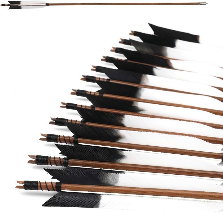 PG1ARCHERY Bamboo Arrows, 12 Pack Practice Target Arrow Handmade Self Nock Feather Fletched 6.2" Vane for Longbow Traditional & Recurve Bow Gray White : Sports & Outdoors
