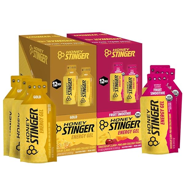 HONEY STINGER ENERGY GEL VARIETY PACK 12 PACKS EACH OF GOLD AND ORGANIC FRUIT SMOOTHIE GLUTEN FREE & CAFFEINE FREE SPORTS NUTRITION FOR HOME & GYM, PRE AND MID WORKOUT