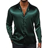 Hi-Tie Satin Mens Dress Shirts Long Sleeve Formal Shirts for Men Button Down Regular Fit Party Wedding