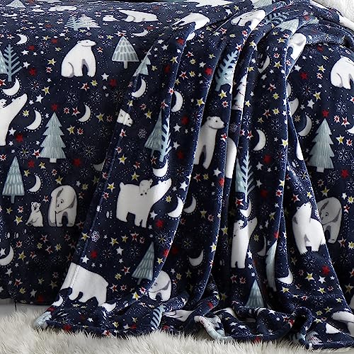 Fusion Navy Christmas Fleece Throw Blanket 120 x 150cm – Soft Teddy Fleece Christmas Throw with Polar Bear Design, Cosy Winter Home Decor
