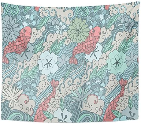 Breezat Tapestry Watercolor Abstract with Japanese Garden Flowers and Carps for Your Design Beautiful Doodle Fish Plants Home Decor Wall Hanging for Living Room Bedroom Dorm 50x60 Inches