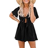 Aoysky Womens Summer Short Rompers Sexy Cute Loose Tie Front Jumpsuit Casual V Neck Wide Leg Beach Overalls