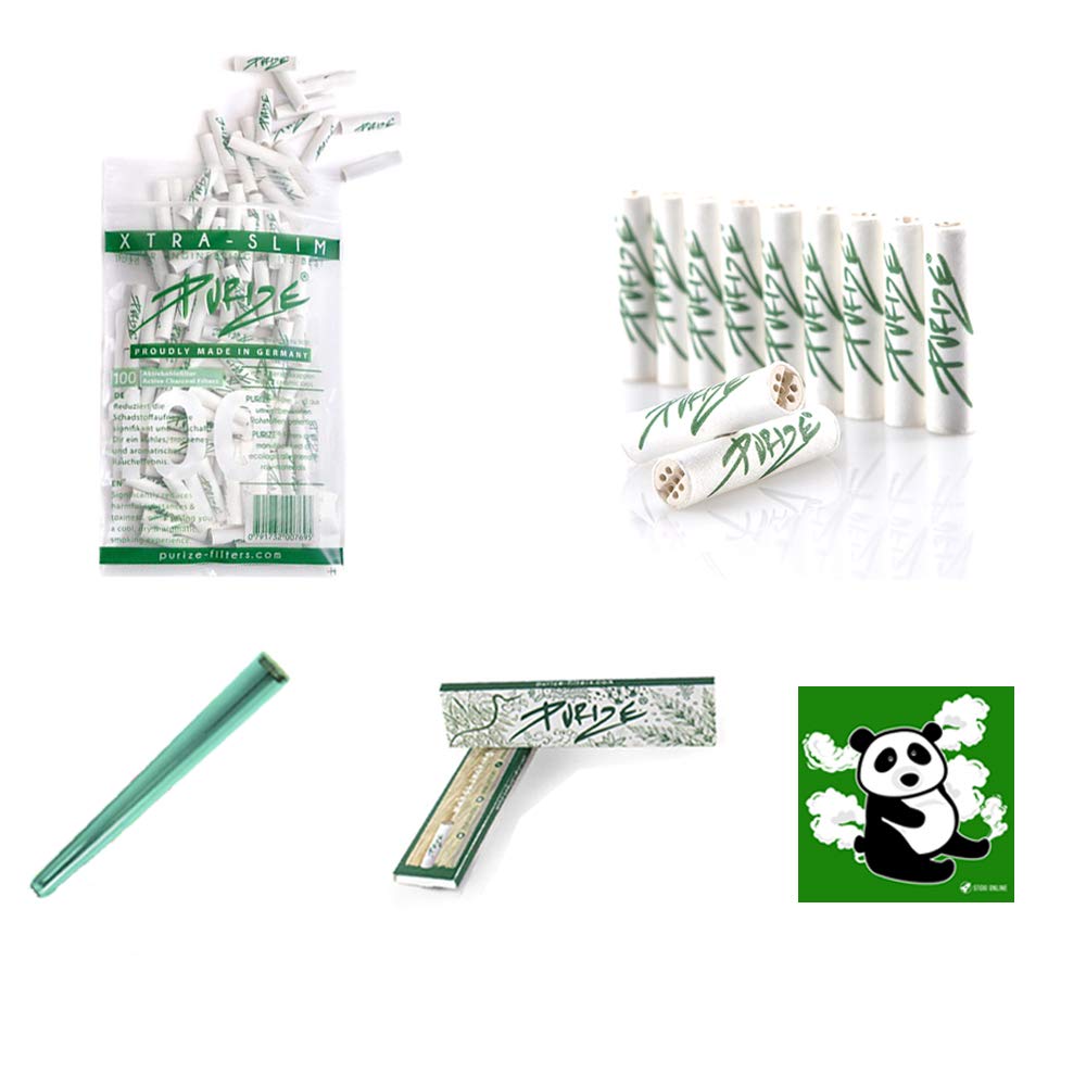 PURIZE (Complete Set of 100 Activated Carbon Filters Xtra Slim Pack of 100 + 32 Papers + Joint Tube + Sticker) Diameter 5.9 mm