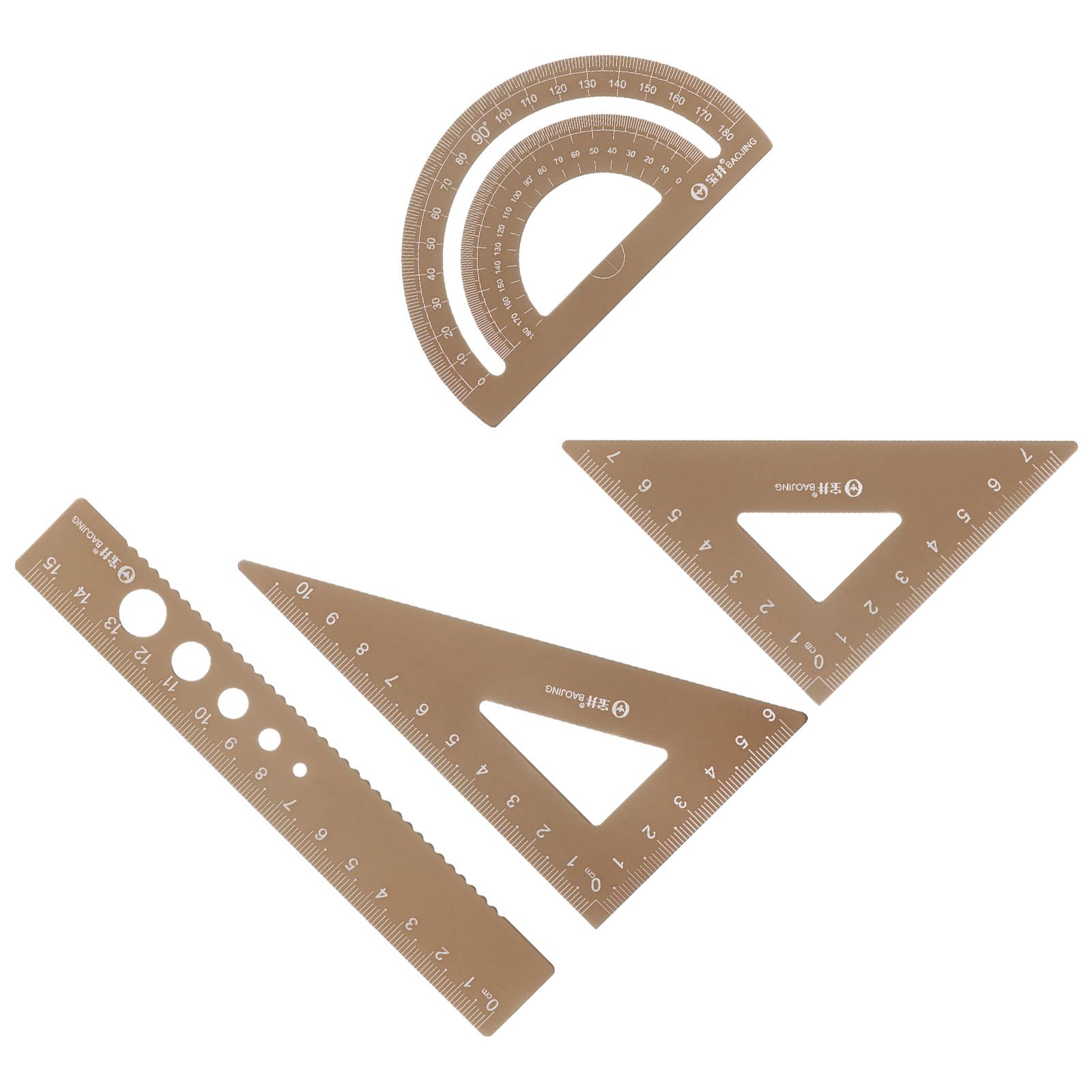 Kozelo 8pcs Geometry Set - [15cm Ruler] Aluminum Alloy Laser Engraving Math Set Golden Brown for Office Classroom Use, 180 Degree Protractor 7cm Triangle 10cm Triangle
