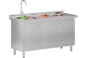 152 cm x 60 cm x 85 cm Stainless Steel Utility Sink with Cabinet, Heavy-Duty Kitchen Cabinet with Sink for Outdoor, Kitchen, 