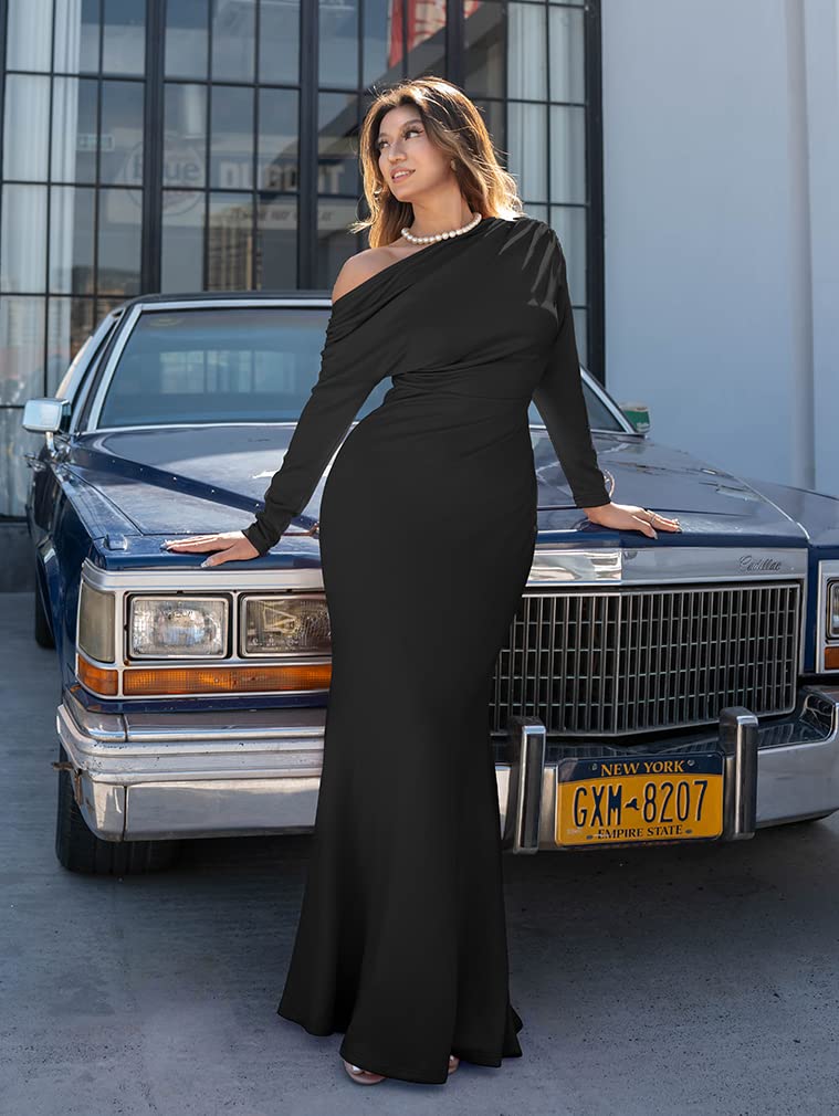 YMDUCH Women's Sexy Elegant Long Sleeve Off Shoulder Bodycon Long Evening Formal Dress
