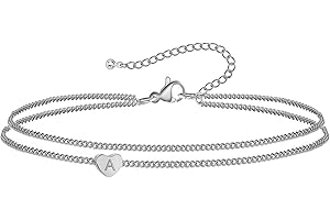 WIGERLON Heart Initial Ankle Bracelets for Women, 14K Gold Plated Dainty Layered Anklet Letter Ankle Bracelets for Girl silver