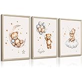 Baccone Teddy Bear Nursery Wall Art Decor Baby Boy Girl Room Poster Vintage Nursery Canvas Wall Decor Toddler Kids Room Pictures Cute Bear Neutral Artwork for Bedroom Playroom 12x16 Framed Set of 3